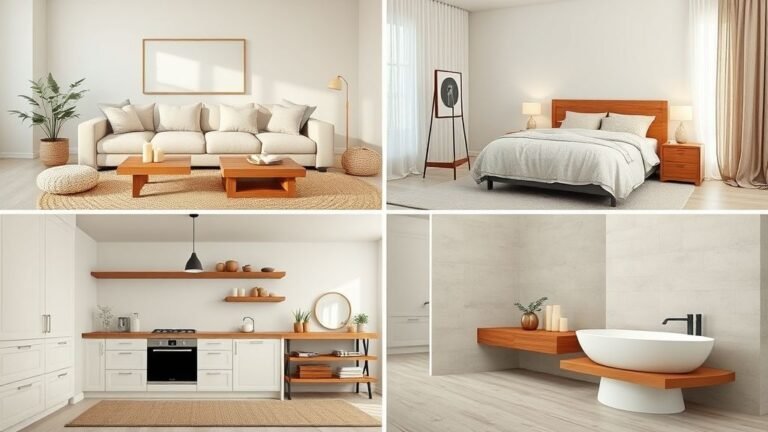 Collage of four neutral home decor ideas including a living room, bedroom, kitchen, and bathroom with cozy textures and natural tones.