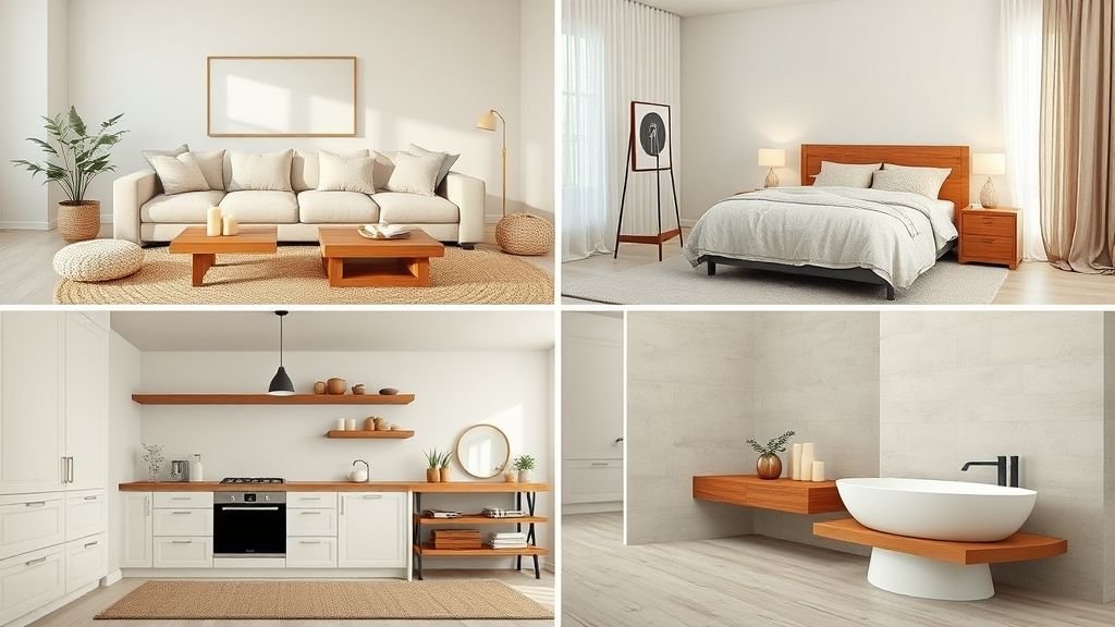 Collage of four neutral home decor ideas including a living room, bedroom, kitchen, and bathroom with cozy textures and natural tones.