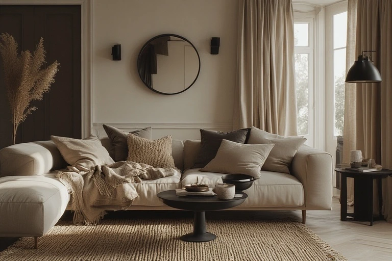 Neutral Home Decor Ideas: Timeless Inspiration for Every Room 9 Neutral home decor with beige tones, layered textures, and black accent details.