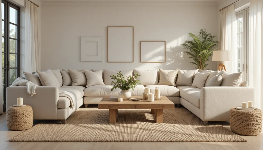 Neutral Home Decor Ideas: Timeless Inspiration for Every Room 2 Neutral living room with beige sofa, layered textures, jute rug, and cozy natural decor.