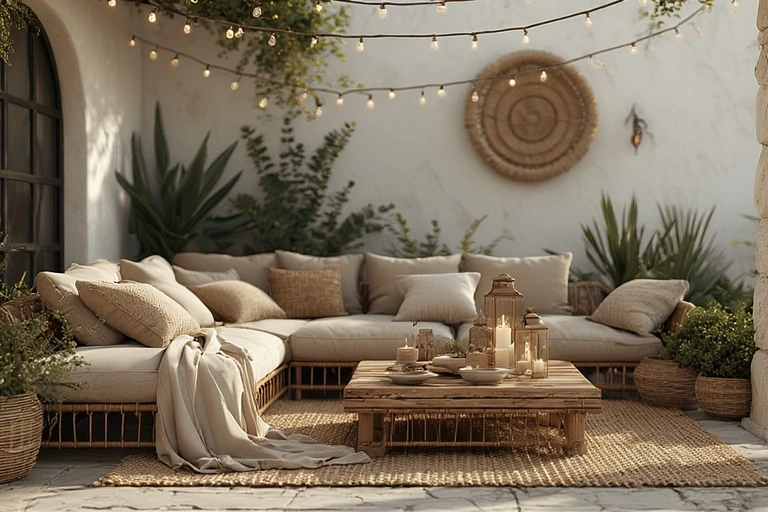 Neutral Home Decor Ideas: Timeless Inspiration for Every Room 11 Neutral outdoor patio with rattan sofa, beige cushions, and cozy layered decor.