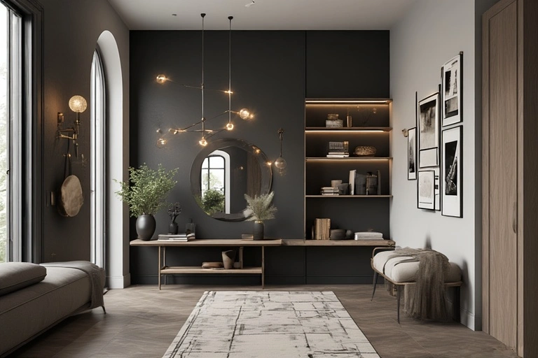 open entryway with a large arched window, round mirror, and illuminated built-in shelves with integrated lighting.