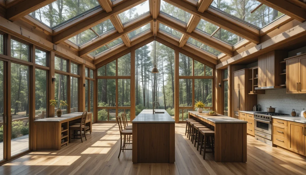 Dreamy Forest Kitchen with Glass Walls 3 Open forest kitchen with skylights and glass walls blending rustic wood with modern design in 16:9 ratio.