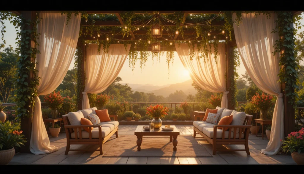 Outdoor Garden Room Ideas 4 Hyper realistic open pergola garden room with vines, string lights, and wooden furniture at golden hour.