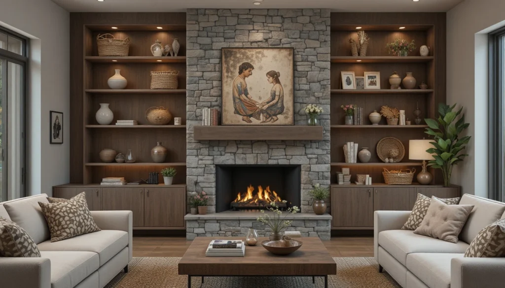 Modern Rustic Living Room Decor Ideas 5 Open shelves decorated with rustic accents like vases, books, and baskets in a modern rustic living room.