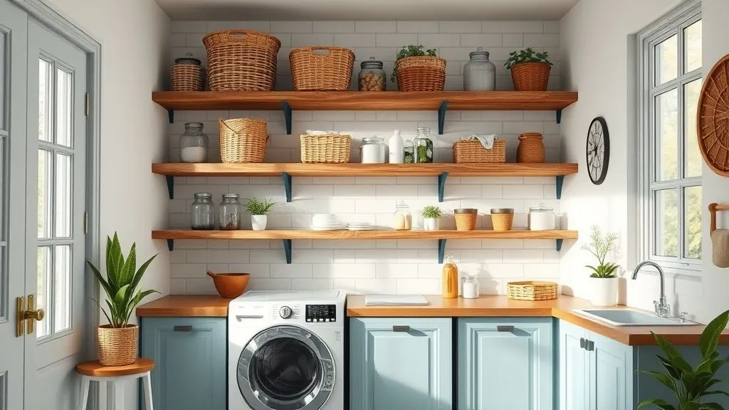 12 Stylish Blue Laundry Room Ideas for a Fresh Look 4 Laundry room with rustic open wooden shelves filled with baskets, jars, and plants above pastel blue cabinetry.
