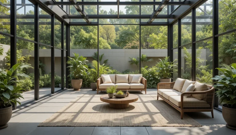 Hyper realistic outdoor garden room with glass walls, neutral furniture, rugs, and greenery in daylight.