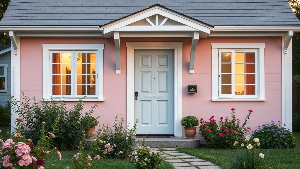Cottage Exterior House Ideas: Timeless Charm for Your Home 3 Pastel-painted cottage with white trim and colorful flowers.