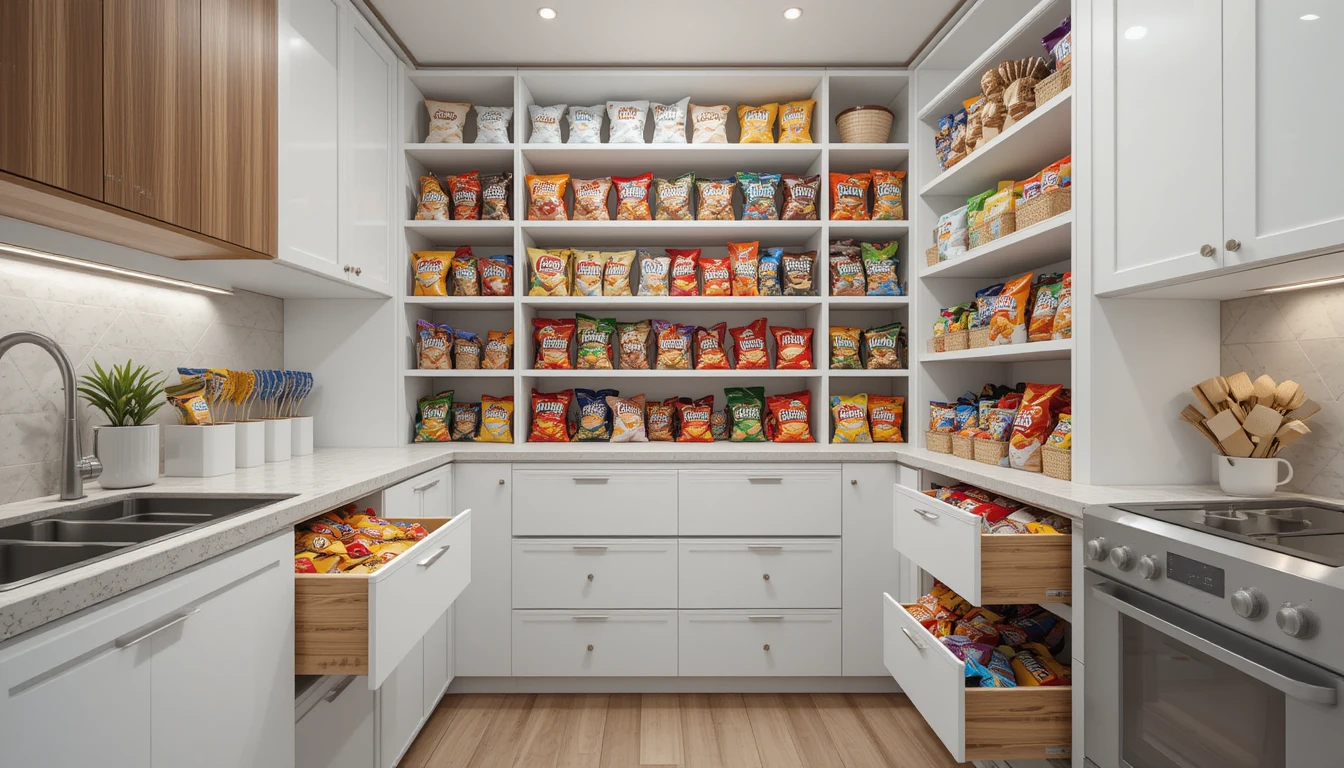 Creative Potato Chip Storage Ideas 4 Neatly organized potato chip bags stored in pull-out pantry drawers for a clean and efficient snack setup.