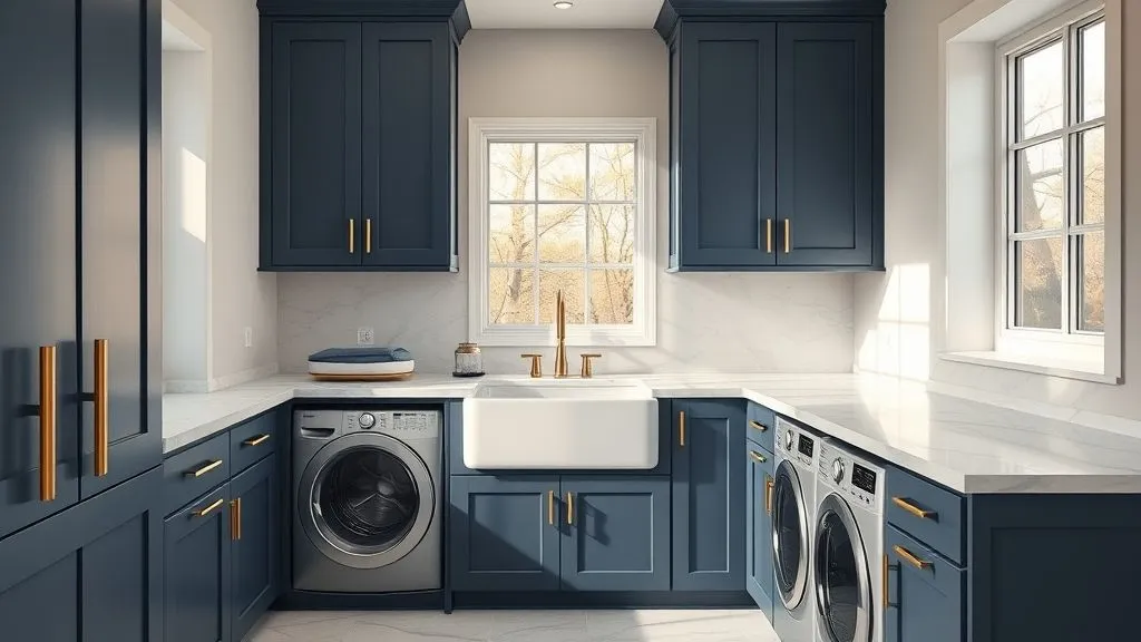 12 Stylish Blue Laundry Room Ideas for a Fresh Look 6 Laundry room with luxurious quartz countertops, navy-blue cabinets, and farmhouse sink with brass accents.