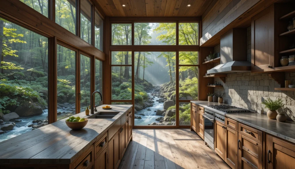Dreamy Forest Kitchen with Glass Walls 4 Rustic kitchen with glass walls overlooking a forest creek, styled in natural textures in 16:9 format.