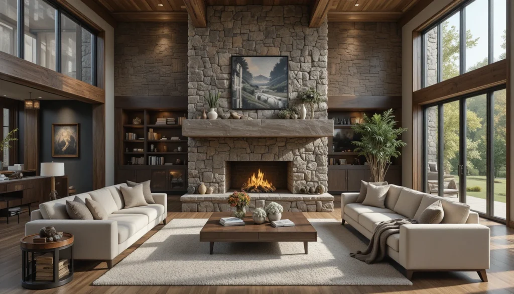 Modern Rustic Living Room Decor Ideas 2 Living room featuring a rustic stone fireplace paired with sleek modern sofas and warm natural lighting.