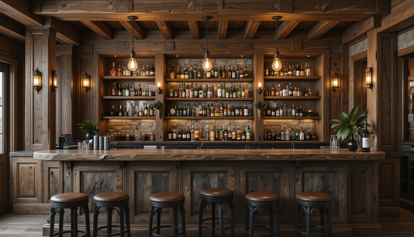 Unique Built-In Bar Designs For Your Living Room 3 Rustic wood built-in bar with reclaimed oak, stone backsplash, warm lighting, and leather stools.