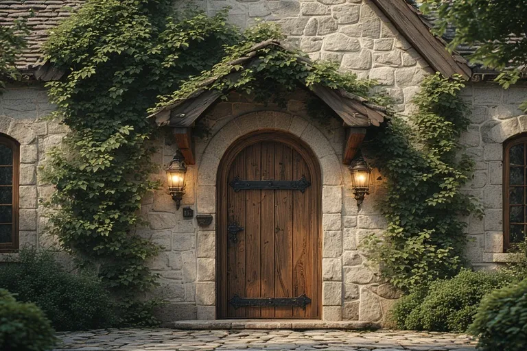 15+ Charming Cottage House Ideas to Inspire Your Dream Home 13 Rustic wooden door on a stone cottage with ivy and lantern lights.