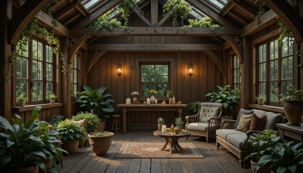 Outdoor Garden Room Ideas 3 Hyper realistic rustic wooden garden room with exposed beams, greenery, and lantern lighting.