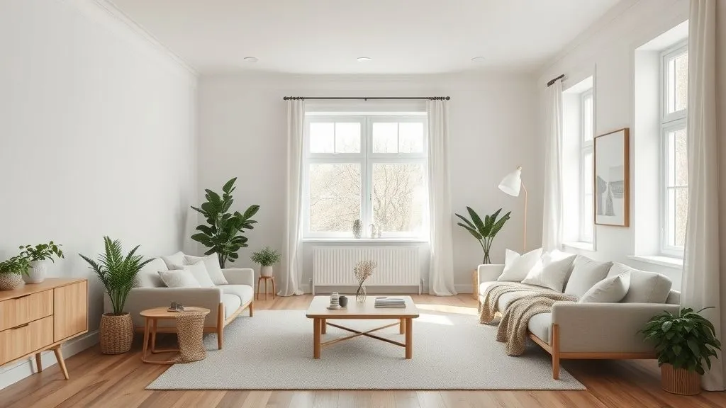 Modern Living Room Ideas for Every Home 8 Hyper realistic Scandinavian modern living room with light wood, white walls, and greenery accents.