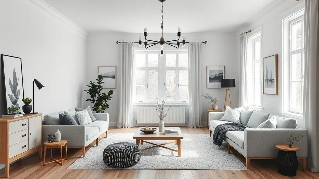 15 Elegant Black and White Living Room Ideas 6 Scandinavian-inspired monochrome living room with light wood accents and clean lines.