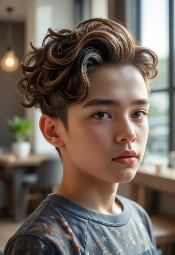 Curly Haircuts for Kids Boys: Trendy Styles Parents Will Love 7 Boy with side-parted curly haircut, defined line and styled curls.