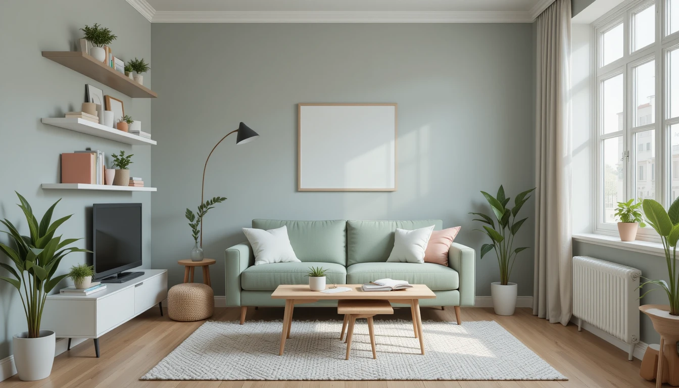 Green Couch Living Room Ideas 6 A stylish small apartment living room with a compact sage green loveseat, pale gray walls, floating shelves, and multifunctional light wood furniture.