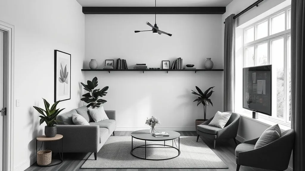 15 Elegant Black and White Living Room Ideas 10 Small monochrome living room with smart furniture layout and cozy details.