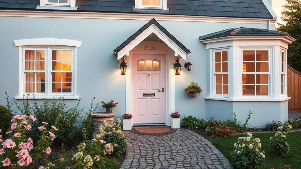 15+ Charming Cottage House Ideas to Inspire Your Dream Home 11 Pastel-painted cottage with flower garden and cobblestone path.