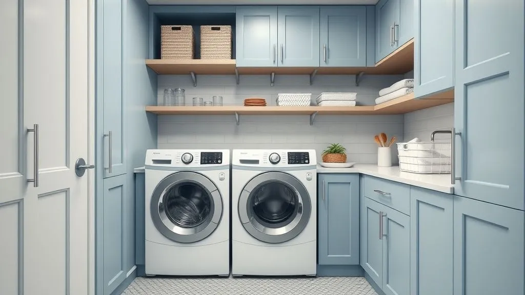 12 Stylish Blue Laundry Room Ideas for a Fresh Look 11 Compact laundry room with stacked washer and dryer, sliding shelves, and space-saving pastel cabinetry.