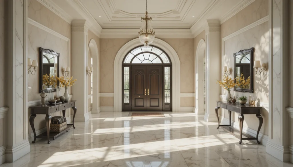 Elegant Grand Staircase with Geometric Chandelier and Spacious Entryway 4 Spacious entryway designed for a welcoming look, styled with natural light and neutral décor in 16:9 format.