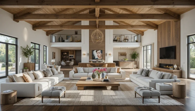 Spacious open living area with modern rustic design, styled for seamless open-plan living in 16:9 ratio.