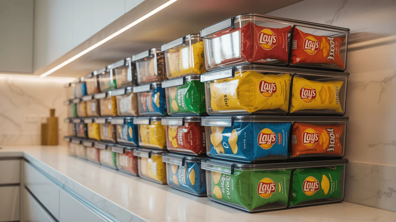 Creative Potato Chip Storage Ideas 6 Stackable storage bins filled with potato chip bags, a smart solution for bulk snack storage in modern kitchens.