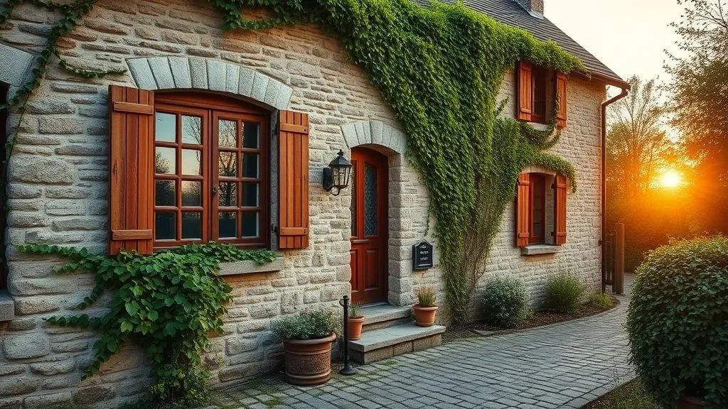 Cottage Exterior House Ideas: Timeless Charm for Your Home 2 Stone cottage exterior with ivy and wooden shutters in warm sunlight.