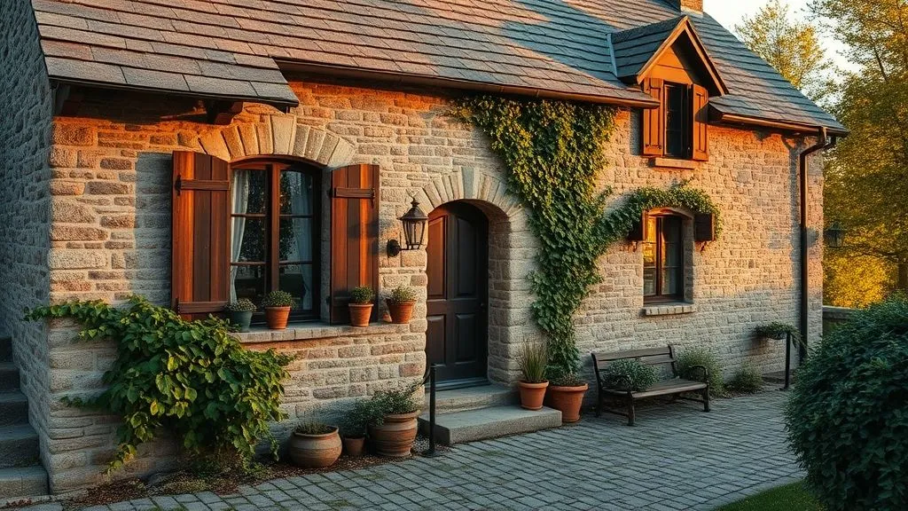 15+ Charming Cottage House Ideas to Inspire Your Dream Home 3 Stone cottage exterior with ivy, rustic shutters, and cobblestone walkway.