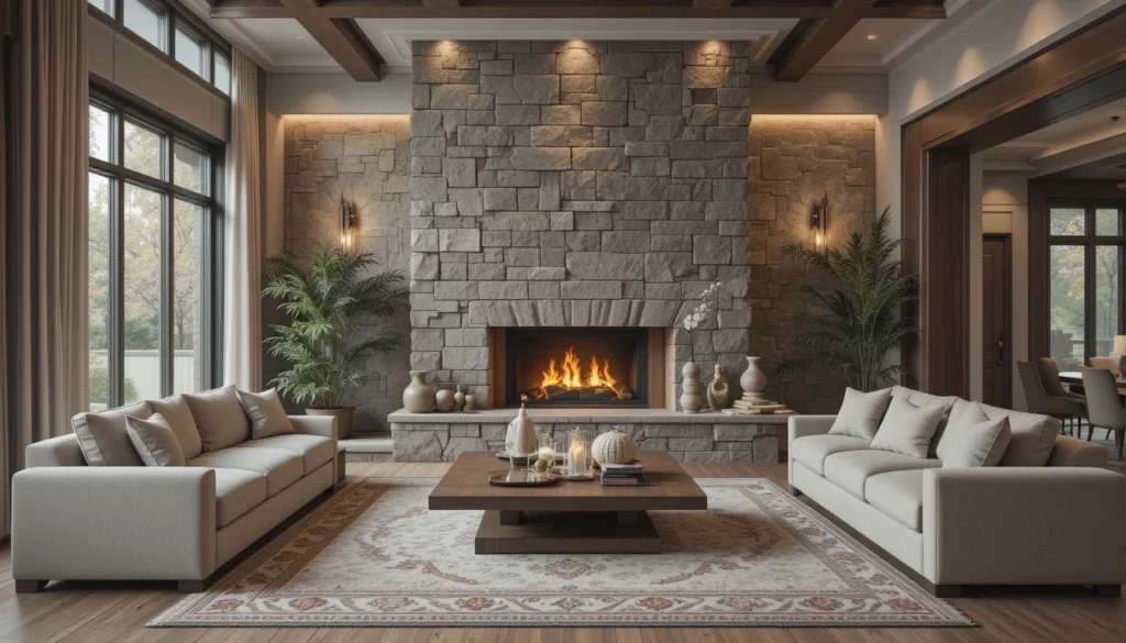 Luxury living room with a stone fireplace as the focal point, styled with neutral furniture and warm textures. Modern Neutral Living Room with Stone Fireplace & Vaulted Ceilings
