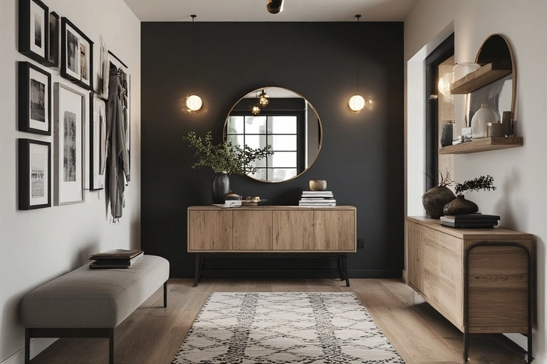 entryway decor featuring a round gold mirror over a wood console table, flanked by two pendant lights and a gallery wall.
