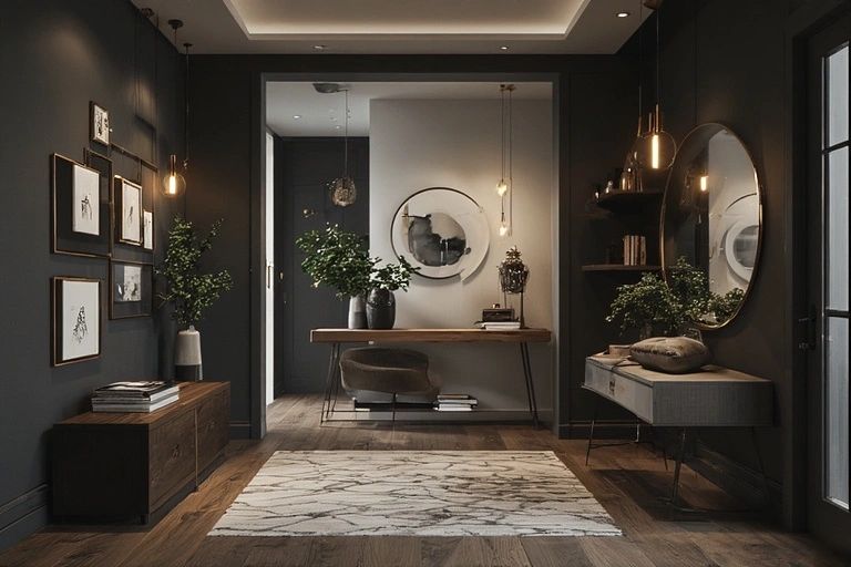 a symmetrical foyer with dark accent walls, featuring a wood console table, a credenza, and a large mirror in a balanced, modern design.