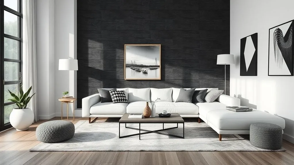 15 Elegant Black and White Living Room Ideas 12 Monochrome living room with a textured black accent wall and minimalist décor.