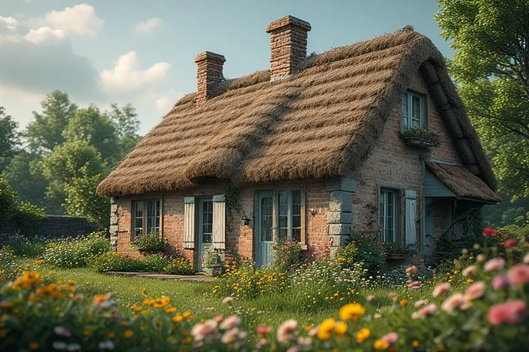 15+ Charming Cottage House Ideas to Inspire Your Dream Home 5 Cottage with thatched roof and pastel shutters surrounded by wildflowers.