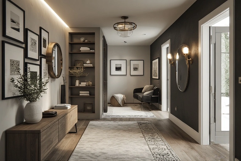 transitional foyer with a gallery wall on a light gray wall and a dark accent wall, featuring a wood credenza and a runner rug.