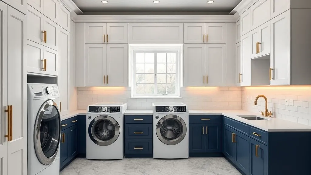 12 Stylish Blue Laundry Room Ideas for a Fresh Look 9 A laundry room with two-tone cabinetry, white uppers and navy lowers, paired with quartz counters and brass hardware.