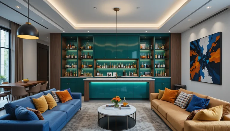 Luxury living room with built-in emerald green bar, walnut accents, marble countertop, backlit glass shelves, jewel-toned seating, and modern pendant lighting.