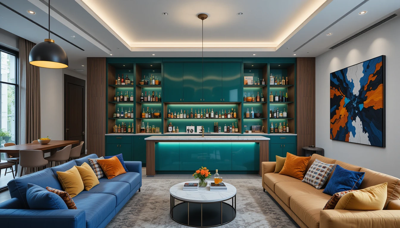 Luxury living room with built-in emerald green bar, walnut accents, marble countertop, backlit glass shelves, jewel-toned seating, and modern pendant lighting.