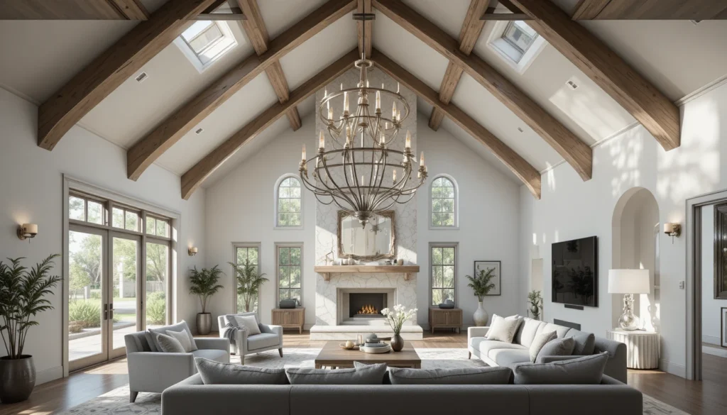 Living room featuring vaulted ceilings with exposed wooden beams, natural light, and modern rustic décor.