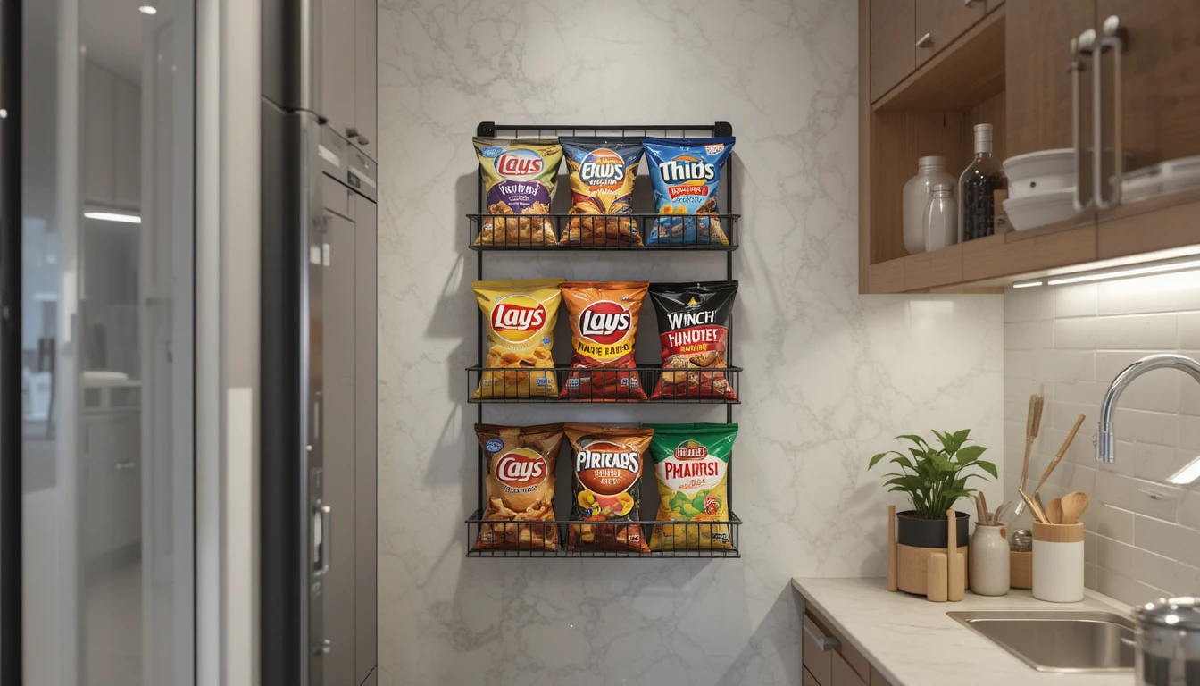 Creative Potato Chip Storage Ideas 5 Wall-mounted snack rack holding assorted potato chip bags, a smart storage idea for small kitchens.