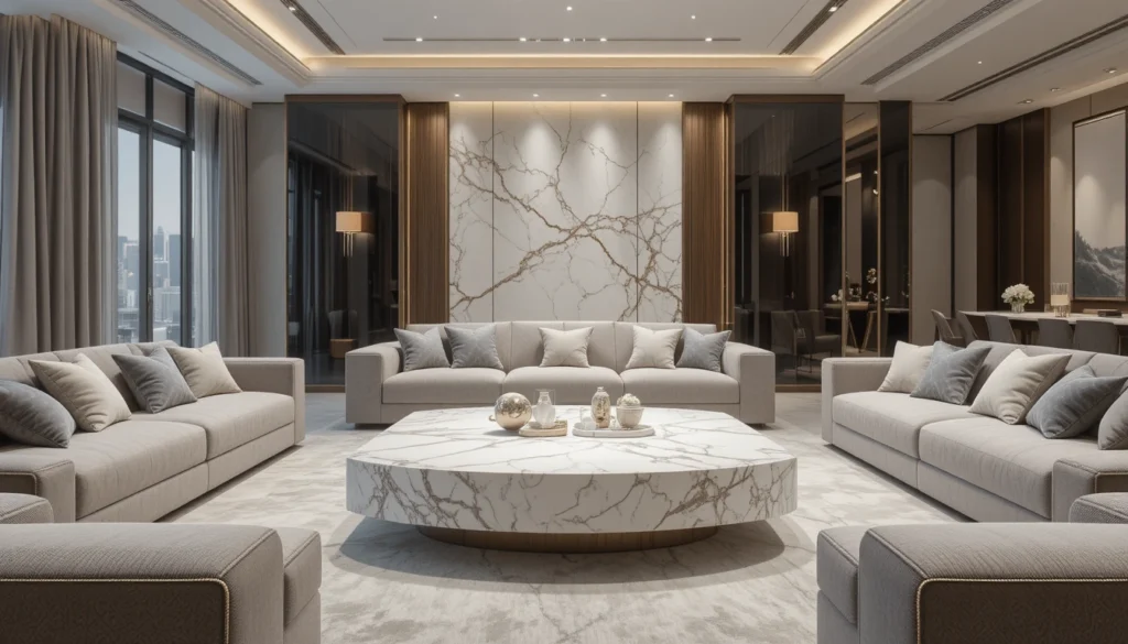 Bright Luxury Living Room Design 2 White marble coffee table with plush neutral sofas in a modern luxury living room.