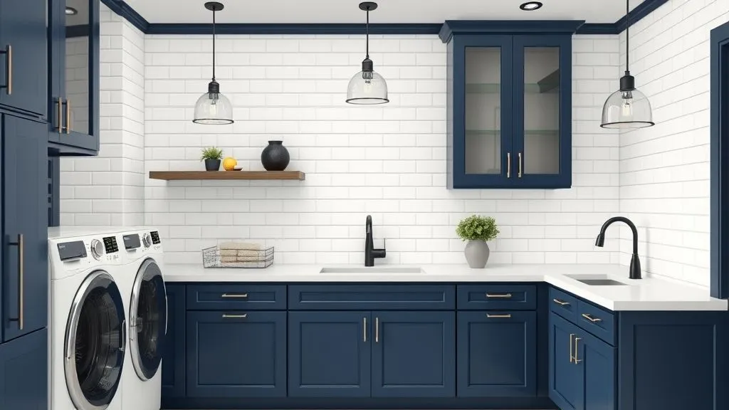 12 Stylish Blue Laundry Room Ideas for a Fresh Look 5 A laundry room featuring a white subway tile backsplash spanning the wall with navy cabinets and quartz counters.