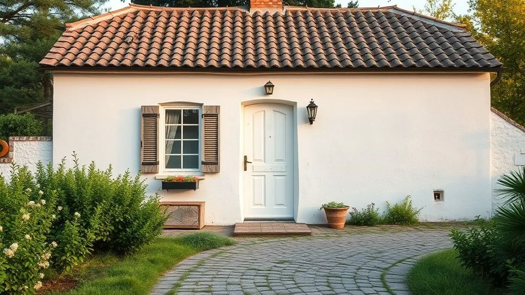 Cottage Exterior House Ideas: Timeless Charm for Your Home 4 Whitewashed cottage with wooden shutters and cobblestone pathway.