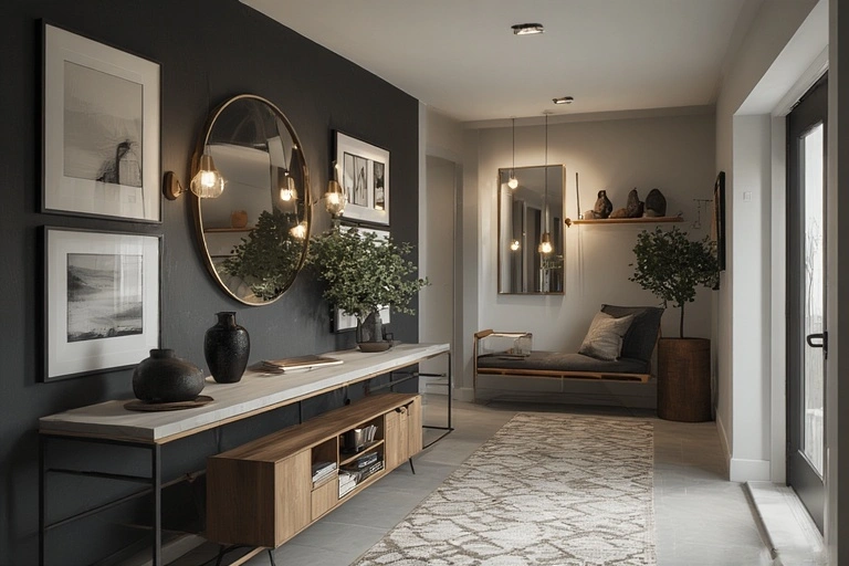 a wide entryway with a long credenza featuring a concrete top and a wood base, a large oval mirror, and a gallery wall with black-framed art.