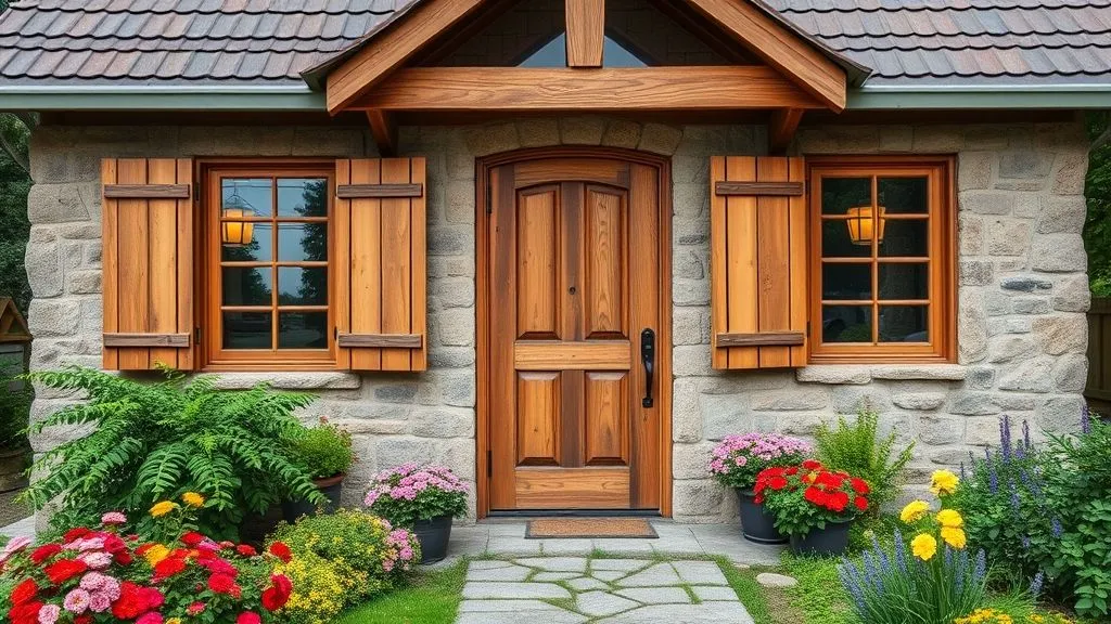 Cottage Exterior House Ideas: Timeless Charm for Your Home 6 Hyper-realistic 16:9 full view of a beautifully designed cottage with rustic wooden shutters and a matching wooden front door, stone walls, lantern lights, surrounded by colorful flowers.