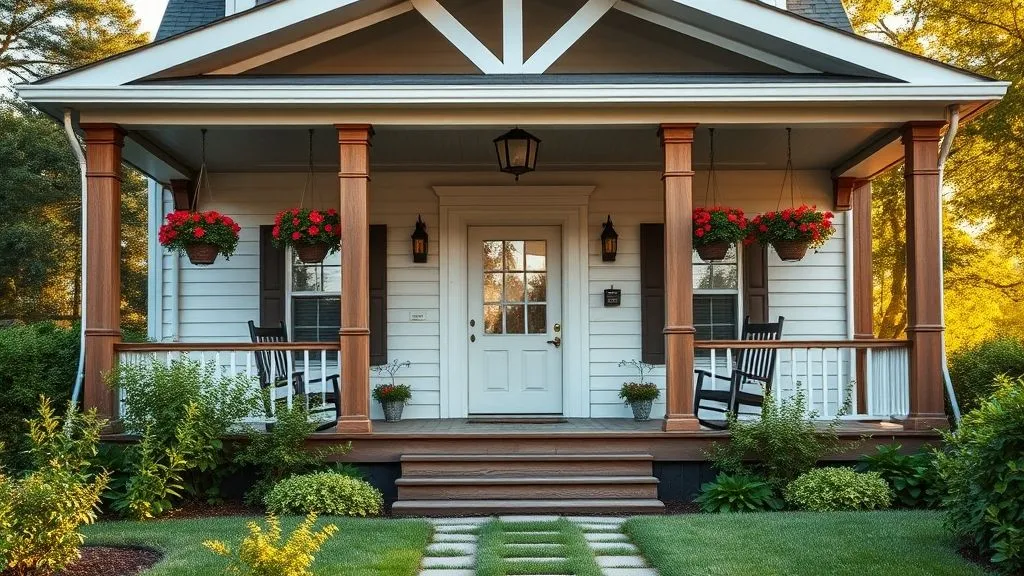 15+ Charming Cottage House Ideas to Inspire Your Dream Home 4 Cottage with wraparound porch, rocking chairs, and garden flowers.