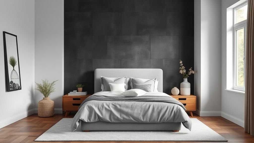 Grey Bedroom Decor Ideas 4 Deep charcoal grey accent wall adding depth to a bedroom.