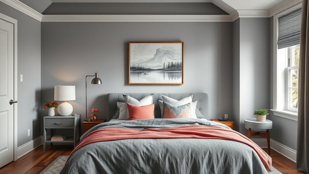 Grey Bedroom Decor Ideas 5 Grey bedroom with colorful accessories adding vibrance.